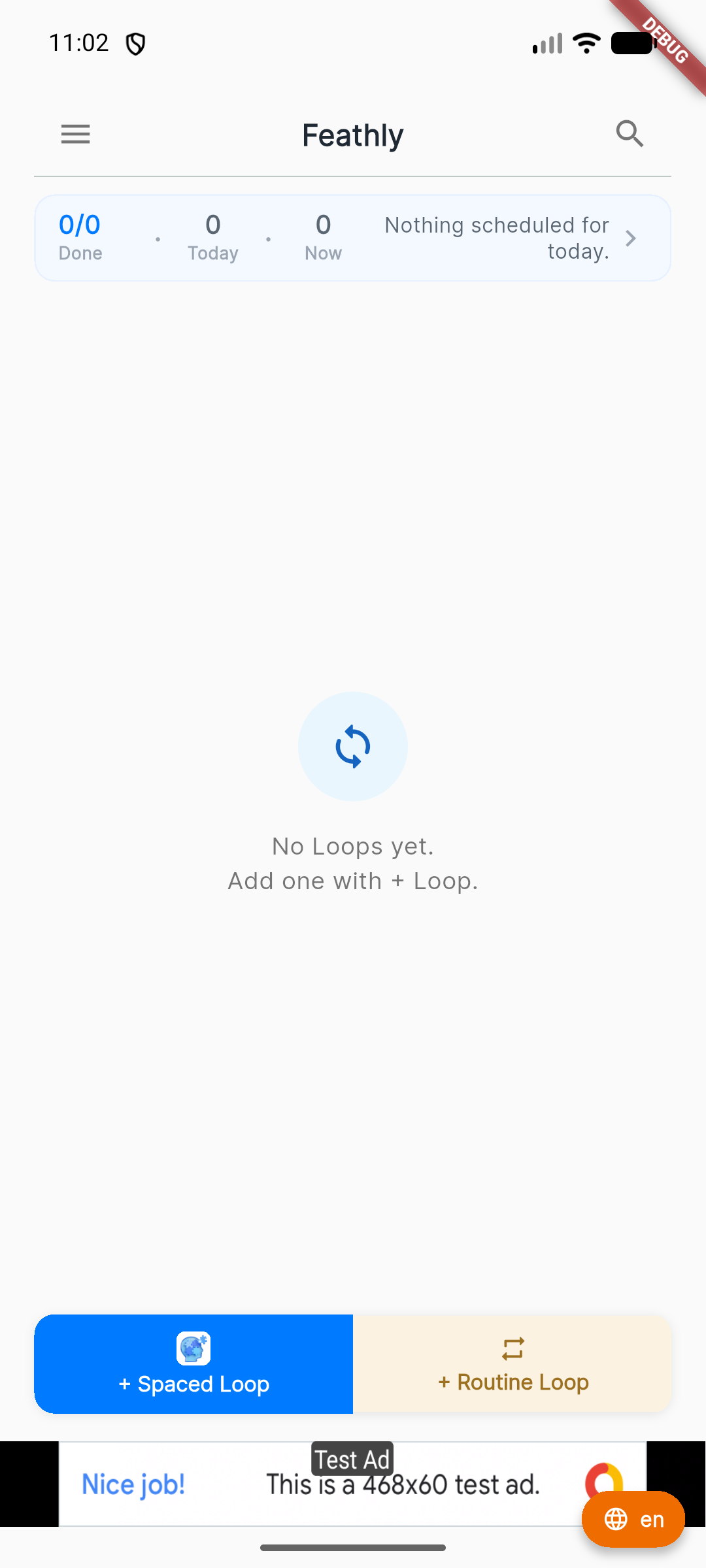 Empty Feathly Home screen with buttons to create Spaced and Routine Loops
