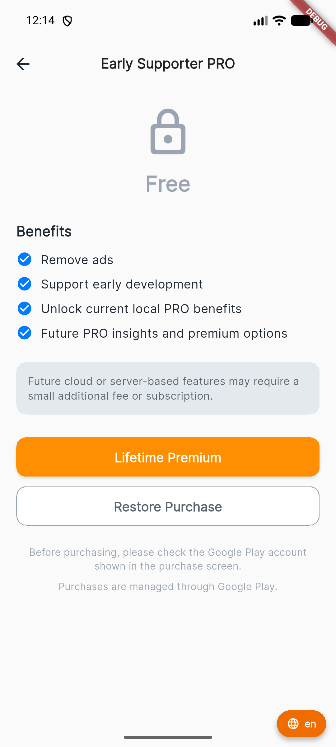 Feathly PRO information screen