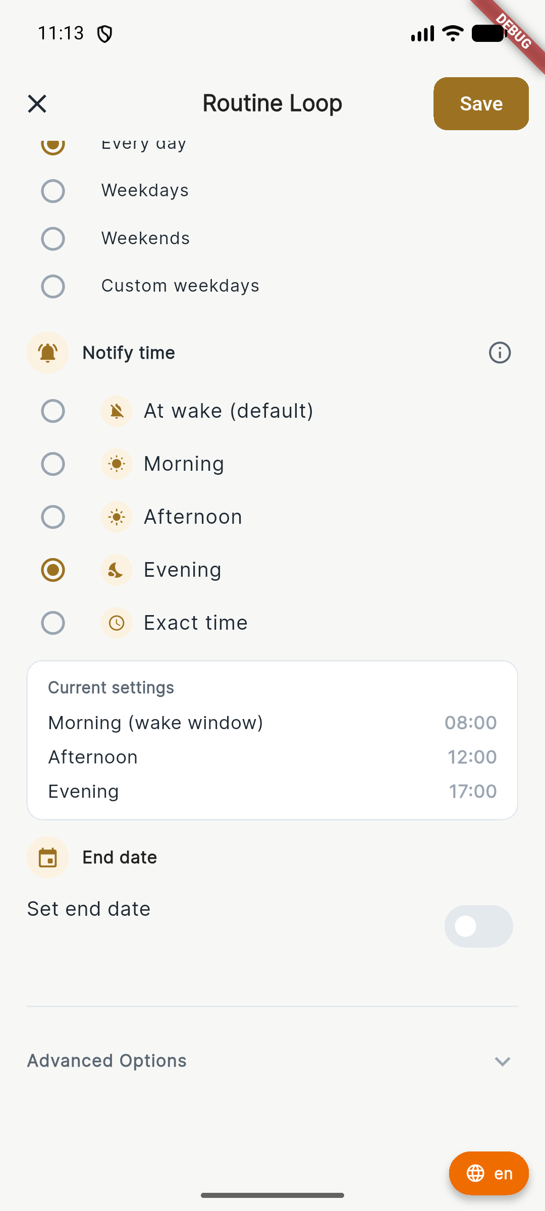 Routine Loop form with the schedule controls and Save button highlighted